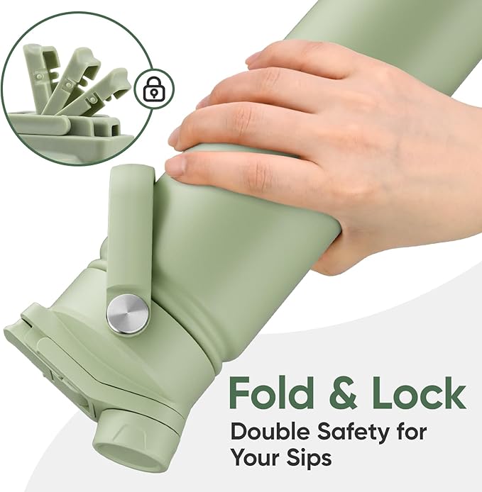 24 oz Insulated Water Bottle, 2-in-1 Lid, Straw & Spout with Protected, Leak Proof, Keep Cold, Stainless Steel, Metal, Reusable, Handle, for Travel, Gym and School, 2 Lids, Sage Green