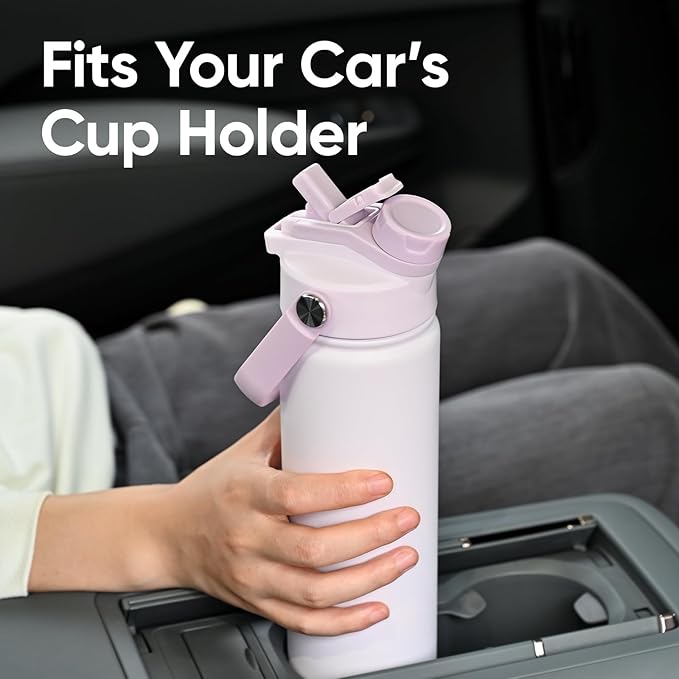 24 oz Insulated Water Bottle, 2-in-1 Lid, Straw & Spout with Protected, Leak Proof, Keep Cold, Stainless Steel, Metal, Reusable, Handle, for Travel, Gym and School, 2 Lids, Pale Mauve