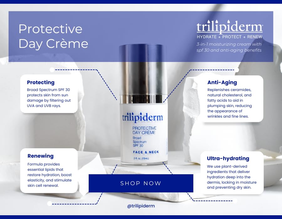 Trilipiderm Day Crème Mini .5oz, Broad Spectrum SPF 30 Protection and Anti-Aging Hyaluronic Acid On the Go All day, Travel Size