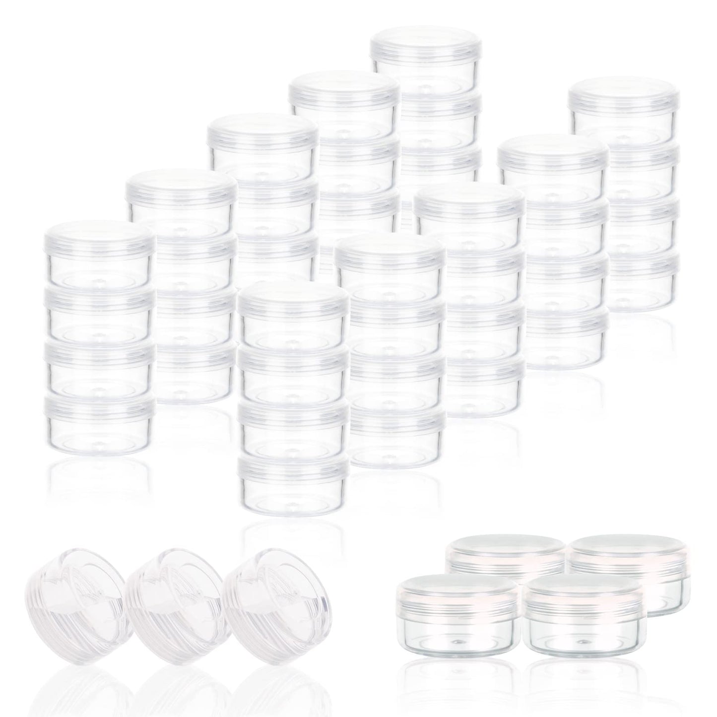 ZEJIA 3 Gram Sample Containers with Lids, 75Pack Tiny Sample Jars with Labels, Mini Plastic Cosmetic Containers for Beauty Products, Lip Balms, Lotion, Powder (Clear Lids)