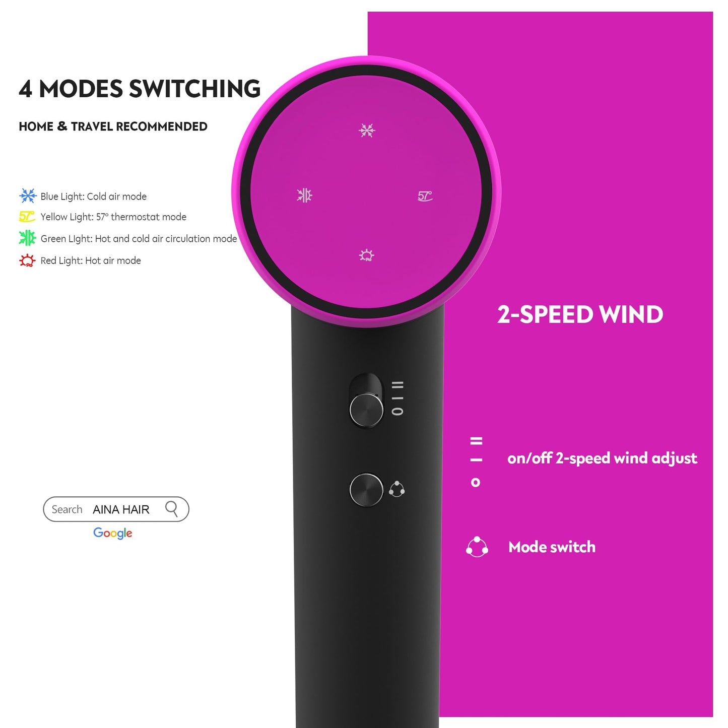 AINA Hair Dryer, Blow Dryer - Brushless Motor, 110,000 RPM Lightweight, Ionic Travel 110V/ALCI Plug(Sexy Rose)