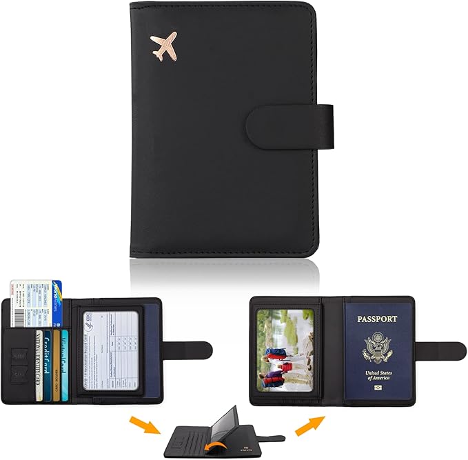 Cnycmy Passport Holder with Vaccine Card Slot, RFID Blocking, Waterproof, Unisex, Faux Leather, 2-in-1 Travel Organizer (Black)
