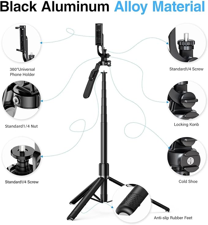 80" Extra Tall Tripod for iPhone with Remote, 360° Rotating All-in-1 Extendable Selfie Stick for iPhone, Phone Tripod Stand for Video Recording, Compatible with Android, Camera, GoPro