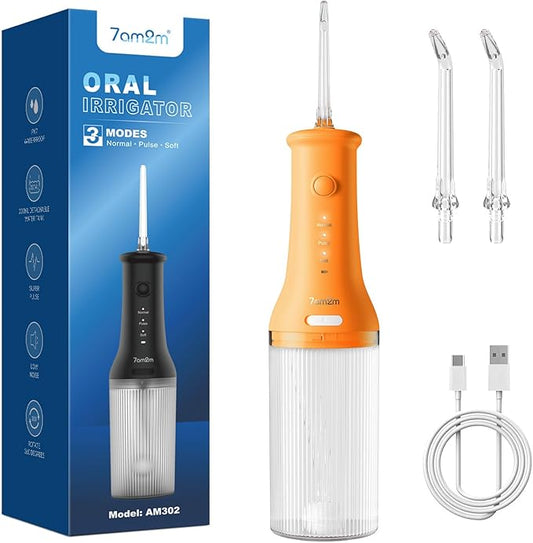 7AM2M Portable Water Flosser Cordless, Water Flosser for Teeth with 3 Modes and 2 Jet Tips, USB C Rechargeable, IPX7 Waterproof, Dental Water Flosser for Travel and Home Use (Orange)