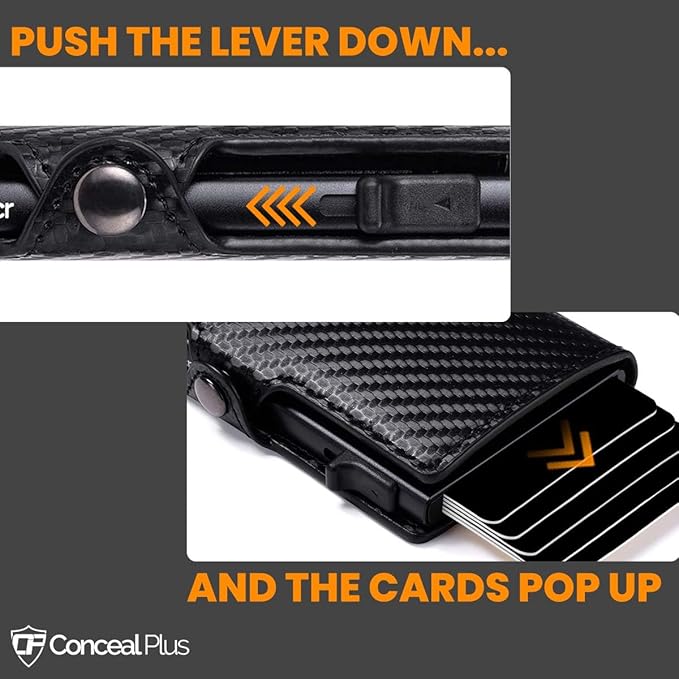 Card Blocr Pop Up Credit Card Wallet, RFID Blocking Credit Card Holder for men, Cool Wallets for Men in Carbon Wallet Design, Compact Card Holder Wallet for Secure Storage (Black PU Carbon Fiber)