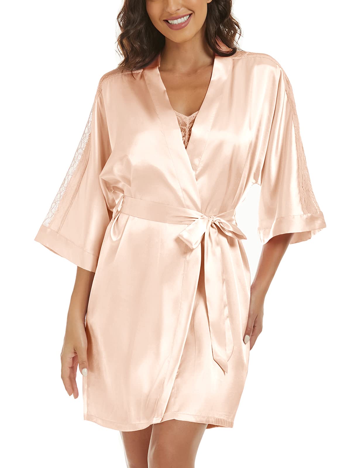 Women's Silk Pajama Sets Satin Robe with Nightgown 2 Piece Sleepwear Sexy Lace Cami Nightwear Kimono Bridesmaid Robes Champagne L