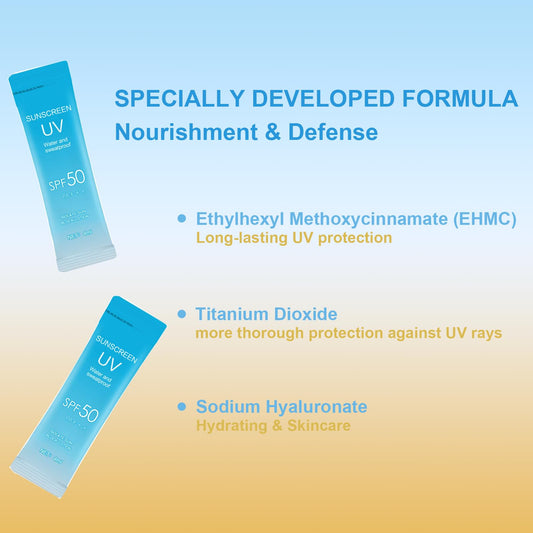20PCS Mini Sunscreen with Hyaluronic Acid, SPF50+ PA+++ Travel Size Sunscreen Bulk (4ml Each), Lightweight & Non-Greasy & Hydrating, Waterproof Face & Body Sunscreen for Outdoor, Vacation, Daily Use
