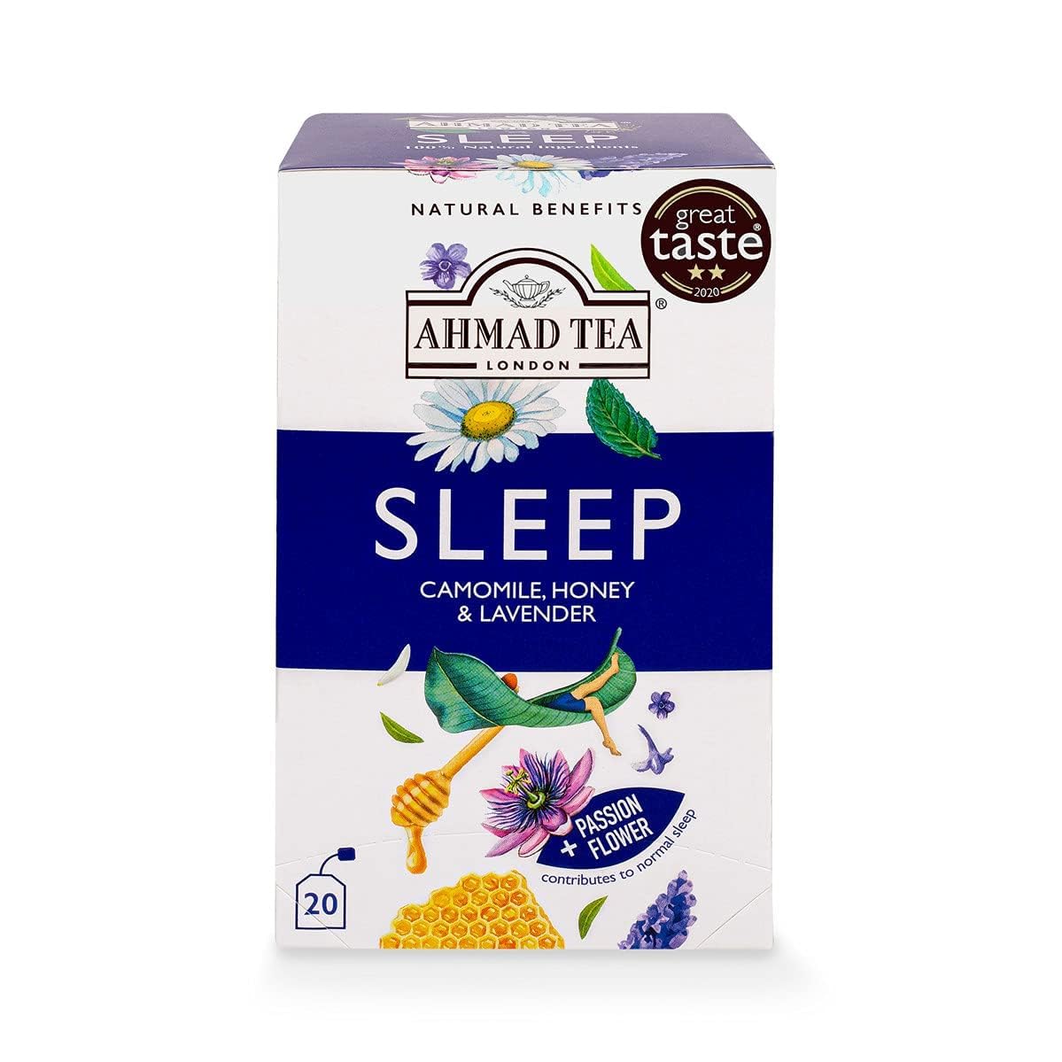 Ahmad Tea Herbal Tea, Camomile, Honey, & Lavender 'Sleep' Natural Benefits Teabags, 20 ct (Pack of 1) - Decaffeinated & Sugar-Free