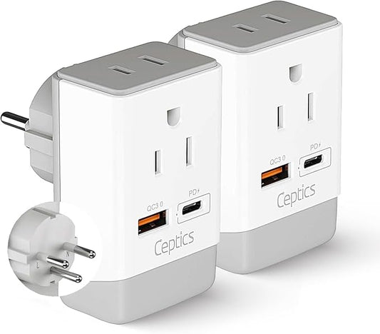 Ceptics Israel Travel Adapter 2 Pack Set, QC 3.0 & PD, Safe Dual USB & USB-C - 2 USA Socket Compact & Powerful - Use in Palestine, Gaza Strip - Type H - AP-14 - Fast Charging (AP-14-2PK)