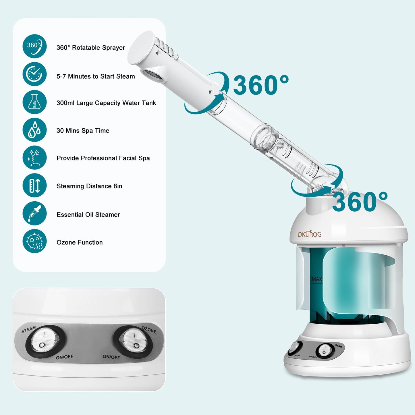 DKURQG Facial Steamer, Nano Ionic Face Steamer for Facial Deep Cleaning Portable Ozone Steamer with Extendable 360° Rotating Arm, Humidifier for Home Salon Spa or Personal Care (Blue)