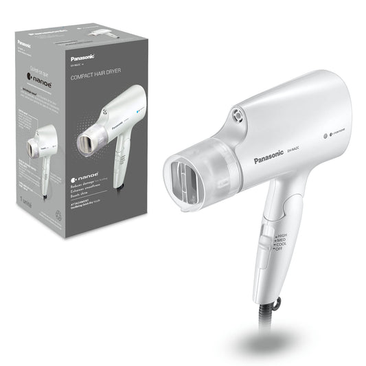 Panasonic nanoe Compact Hair Dryer with Oscillating Quick Dry Nozzle for Healthier-Looking Hair, Folding Blow Dryer for Travel and Home, 3 Airflow Settings - EH-NA2C-W (White)