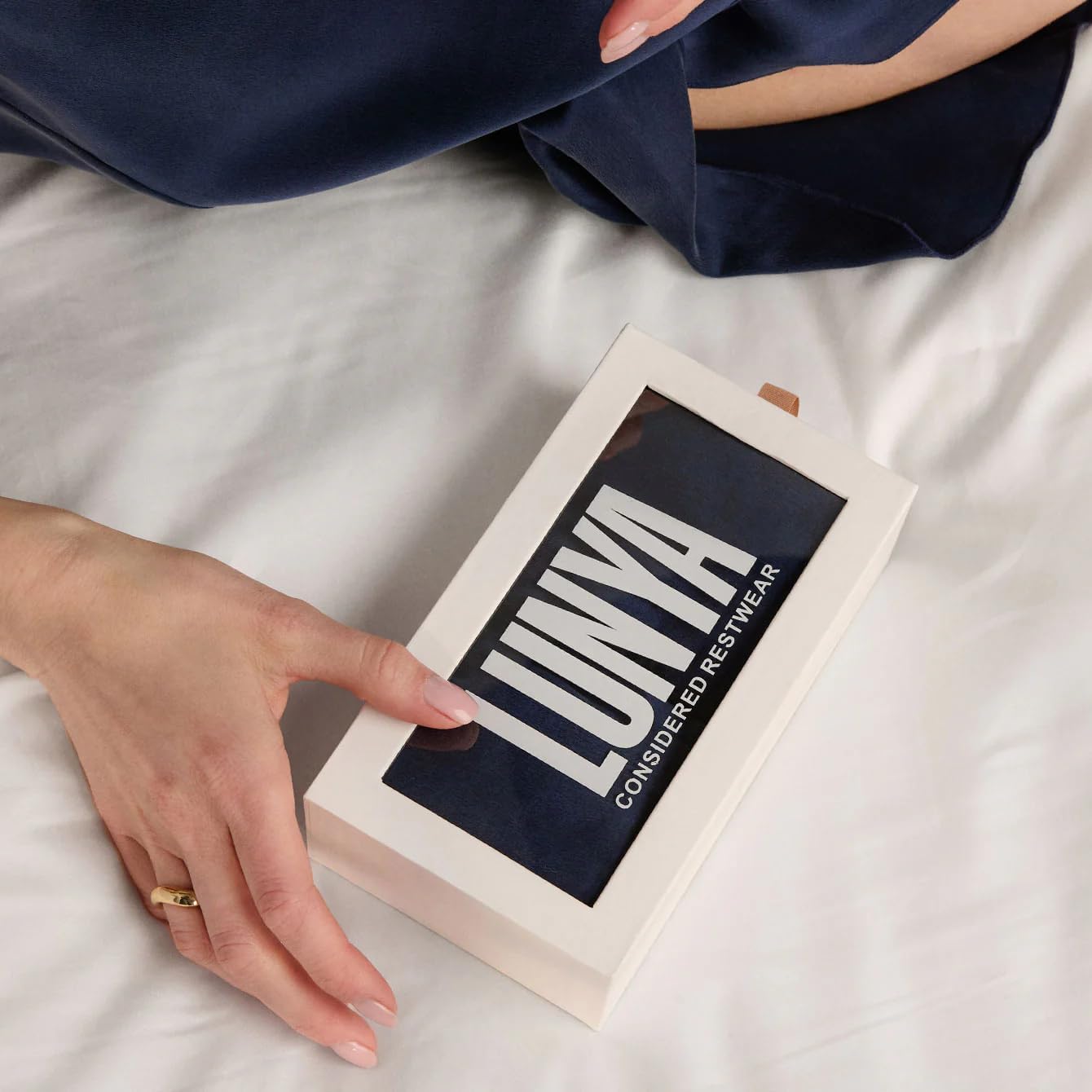 Lunya Weighted Silk Sleep Mask – Mulberry Silk Eye Cover with Cooling Glass Beads, Noise-Reducing Fit, Washable Fabric, and Travel Pouch – Sleeping Mask for Men and Women - Deep Blue - Small