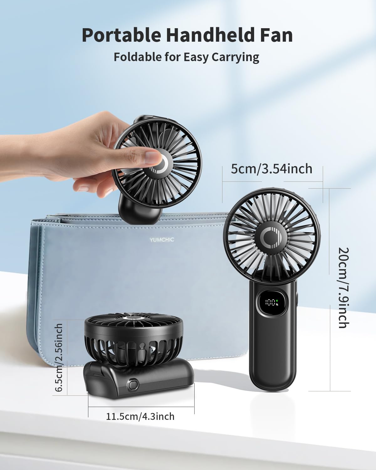 Foldable Portable Fan with LED Display, 3000mAh Battery Operated Mini Hand Held/Neck/Desk 3 in 1 Personal Small Fan for Eyelash Makeup Travel Beach Outdoor Black
