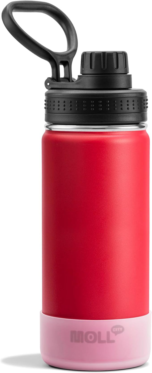 Kids Water Bottle for School 16 oz Stainless Steel Double Wall Vacuum Insulated Sports Water Bottle Leak Proof-Reusable Metal Flask with Silicone Boot for Travel, BPA-Free(Canyon Red)