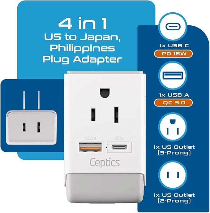 Ceptics Japan, Philippines Power Travel Plug Adapter, QC 3.0 & PD, Safe Dual USB & USB-C - 2 USA Socket Compact & Powerful - USA 3 Pin Polarized to 2 Prong Unpolarized - Type A - AP-6 Fast Charging