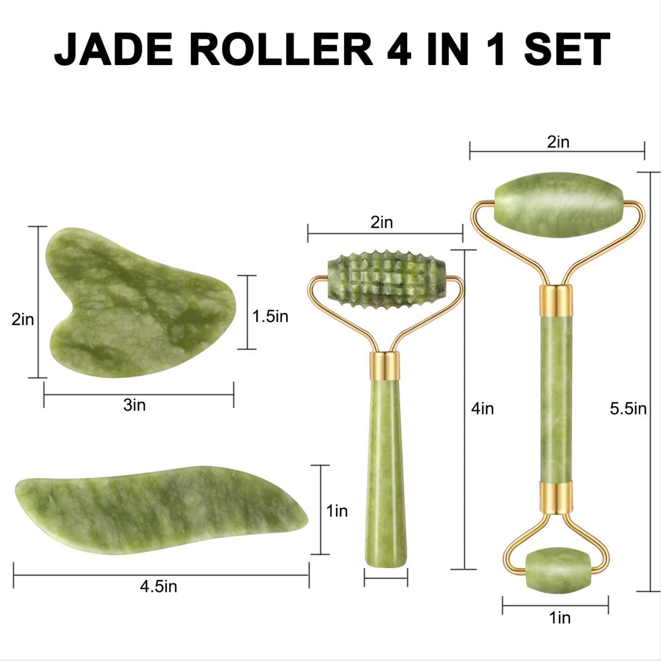 4-pcs Jade Roller & Gua Sha Set, Facial Roller Massager with Gua Sha Scraping Tool, Jade Stone Massager for Anti-aging, Slimming & Firming, Rejuvenate Face and Neck, Remove Wrinkles & Eye Puffiness