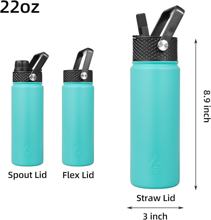 BJPKPK Insulated Water Bottles with Straw Lid, 22oz Cold & Hot Thermo, Stainless Steel Metal Water Bottle with 3 Lids, Reusable Thermo, Cups, Mugs for Daily Use-Turquoise