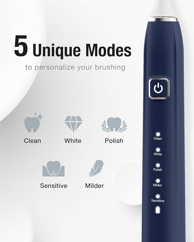 7AM2M Sonic Electric Toothbrush with 6 Brush Heads for Adults&Kids, One Charge for 120 Days, Wireless Fast Charge, 5 Modes, 40000VPM Powered Toothbrush, 2 Minutes Built in Smart Timer (Navy Blue)