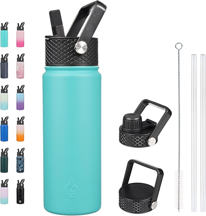 BJPKPK Insulated Water Bottles with Straw Lid, 22oz Cold & Hot Thermo, Stainless Steel Metal Water Bottle with 3 Lids, Reusable Thermo, Cups, Mugs for Daily Use-Turquoise