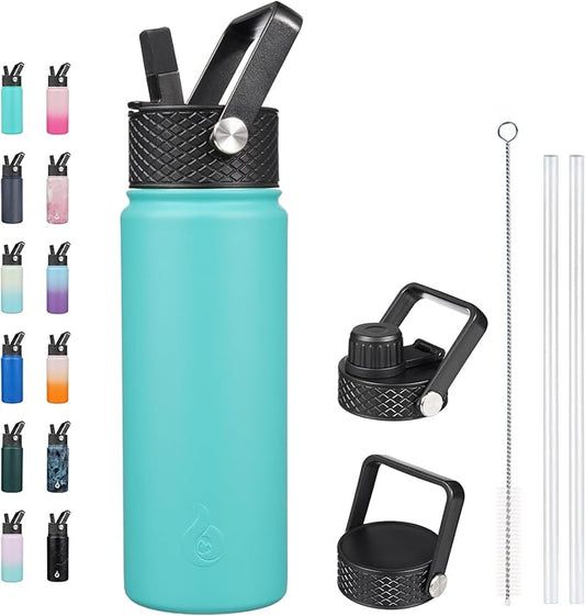 BJPKPK Insulated Water Bottles with Straw Lid, 22oz Cold & Hot Thermo, Stainless Steel Metal Water Bottle with 3 Lids, Reusable Thermo, Cups, Mugs for Daily Use-Turquoise