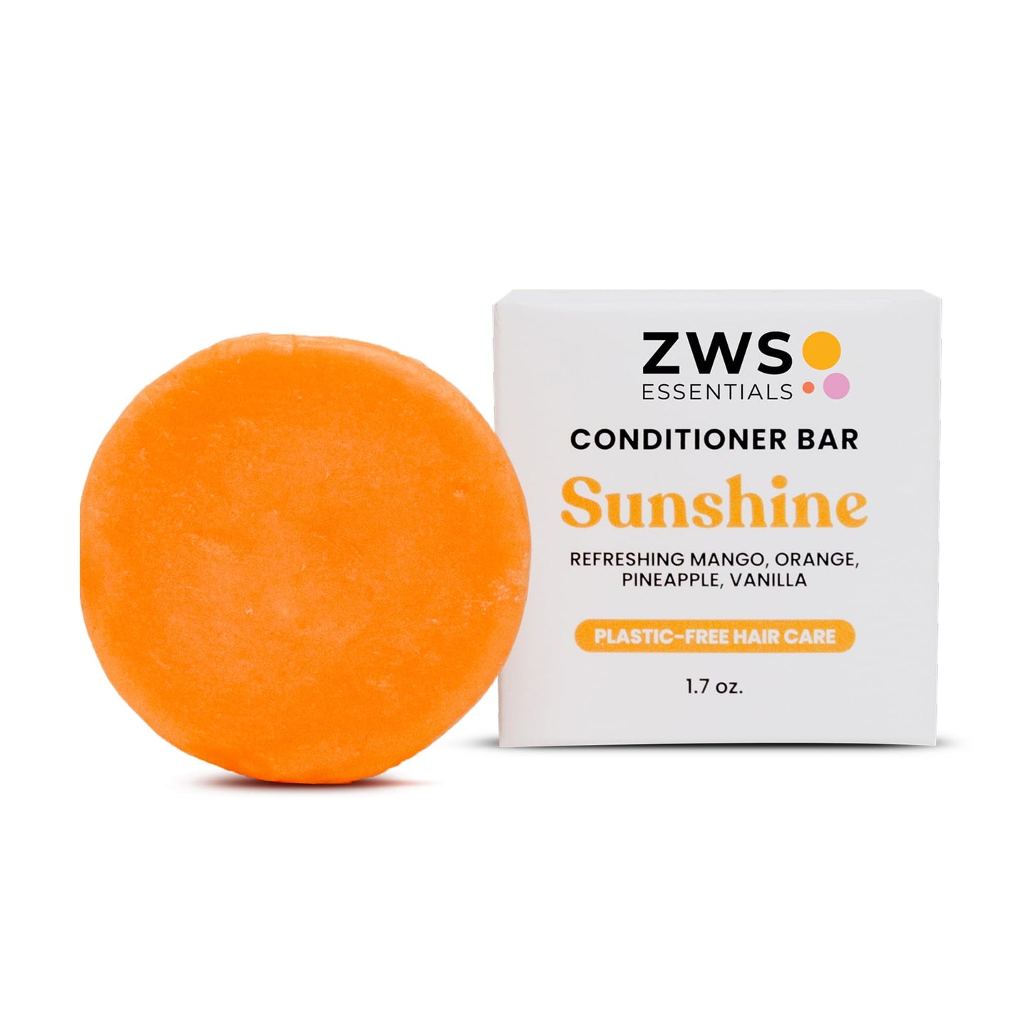 ZWS Essentials Sunshine Conditioner Bar, Vegan Solid Hair Conditioner for All Hair Types, with Pineapple, Mango, Cocoa Butter, Zero Waste, Travel-Friendly