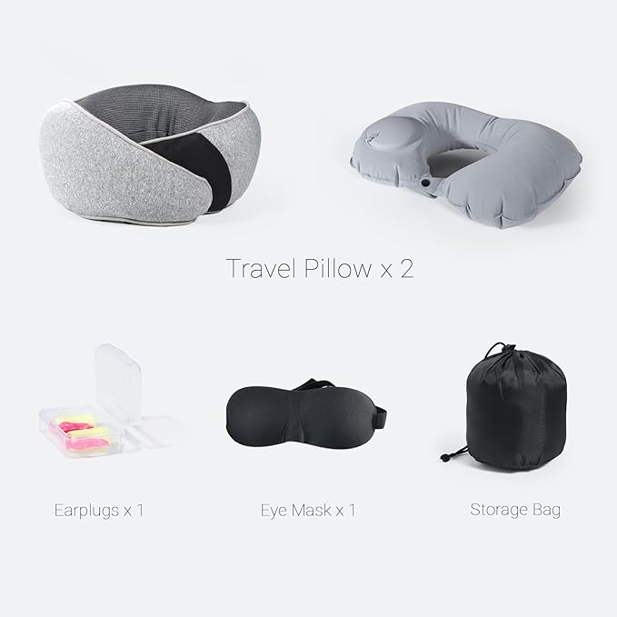 Cozi Neck Pillow for Traveling,Adjustable Travel Neck Pillow Airplane 100% Pure Memory Foam Travel Pillow with Inflatable Travel Pillows for Sleeping Long Flight Portable Plane Accessories Light Gray