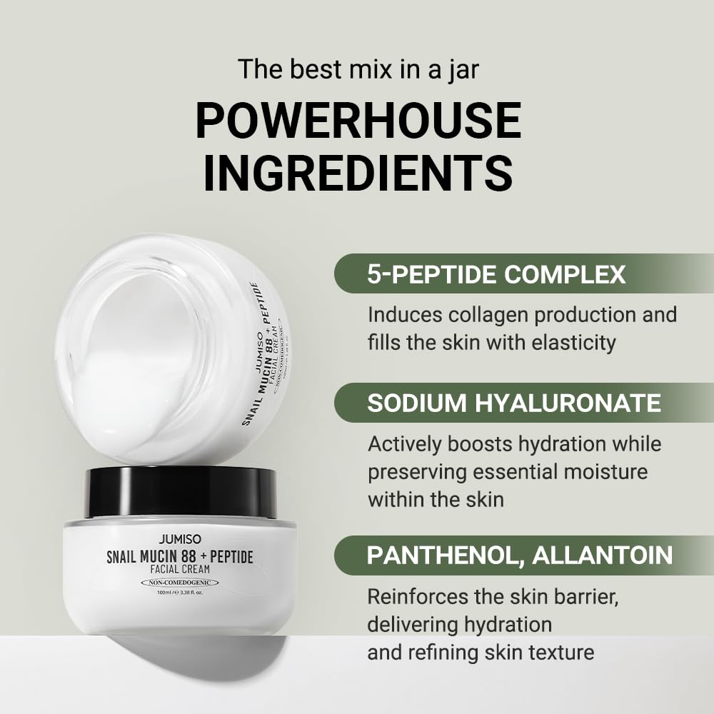 JUMISO Snail Mucin 88 Peptide Cream - Korean Face Moisturizer 5-Peptide Complex Collagen Boost Hyaluronic Acid Niacinamide Damaged Skin Repair - Sensitive Skin Non-Comedogenic 3.38 oz.