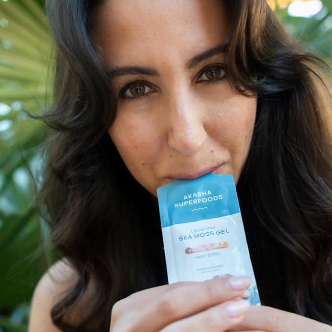 Akasha Superfoods Irish Sea Moss Gel, Liposomal Seamoss with Irish Sea Moss, Vitamin E, Citrus, Organic Vanilla, Glycerin, Skin, Energy & Gut Health Support for Women & Men, Sweet Citrus Flavor, 30 Ct