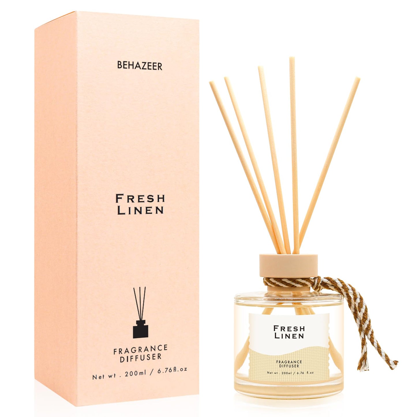 BEHAZEER Linen Reed Diffuser, 6.77OZ/200ML Large Capacity Natural Non-Toxic Oil, Long-Lasting Fragrance Reed Diffusers Set for Home and Bathroom, Aroma with 5 Reed Diffuser Sticks Gifts