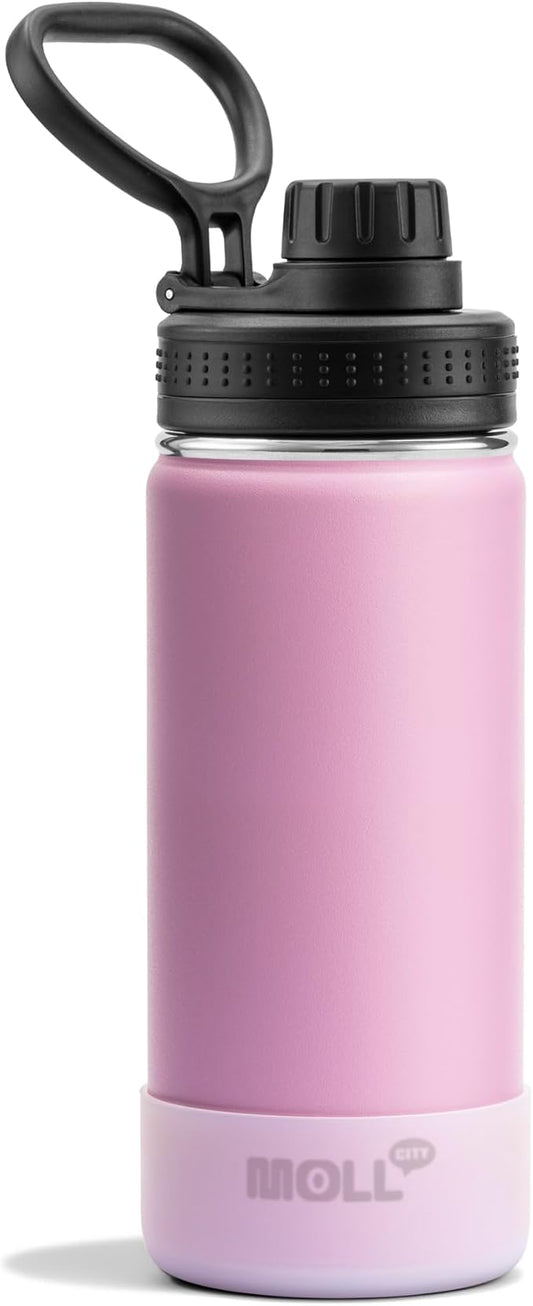 Kids Insulated Water Bottle-16 oz Stainless Steel Vacuum Wide Mouth Sports Flask with Silicone Boot-Reusable Metal Leak Proof Travel Water Bottle for Girls Boys, BPA-Free(Purple Pink)