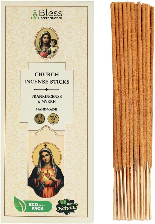 Bless-Charch-Frankincense-and-Myrrh 100%-Natural-Handmade-Hand-Dipped Organic-Chemicals-Charcoal-Free Purification-Relaxation-Positivity-Meditation Best-Woods-Scent (100 Sticks(5.25 OZ))