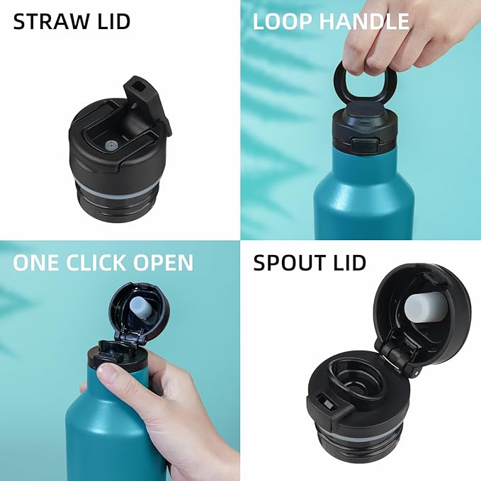 BJPKPK Insulated Water Bottle With Straw 17oz Stainless Steel Water Bottles With 2 Lids And Carry Handle Reusable Travel Metal Thermo,Lake Blue