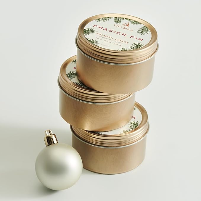 Thymes Travel Tin Holiday Candles - Scented Candles for Home Decor - Winter Scents - Christmas Gifts - Luxury Home Fragrance Gifts for Women & Men - Gold (Frasier Fir, 2.5 oz)