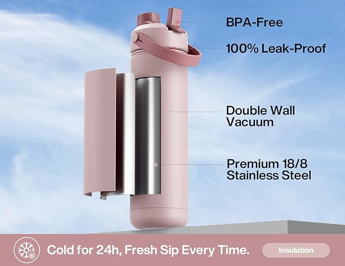 26 oz Insulated Water Bottle with 2-in-1 Straw and Spout Lid, Keep Cold 24H, Leak-Proof, Fits in Car Cup Holder, Stainless Steel Water Bottle for Sports, Travel, Gym, and School (Dried Rose)