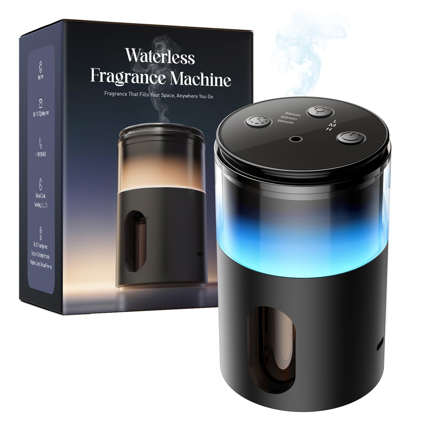 Pmsusoow Waterless Essential Oil Diffuser: Battery Mini Scent Diffusers for Home&Car with 8 Color LED Night Light — Cool Mist Aroma Machine Deep Black