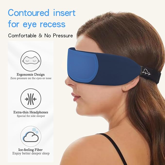 ALASKA BEAR Sleep Headphone Eye Mask w/Thin Speakers, Comfortable Flat Earphones for Sound Therapy (Navy)
