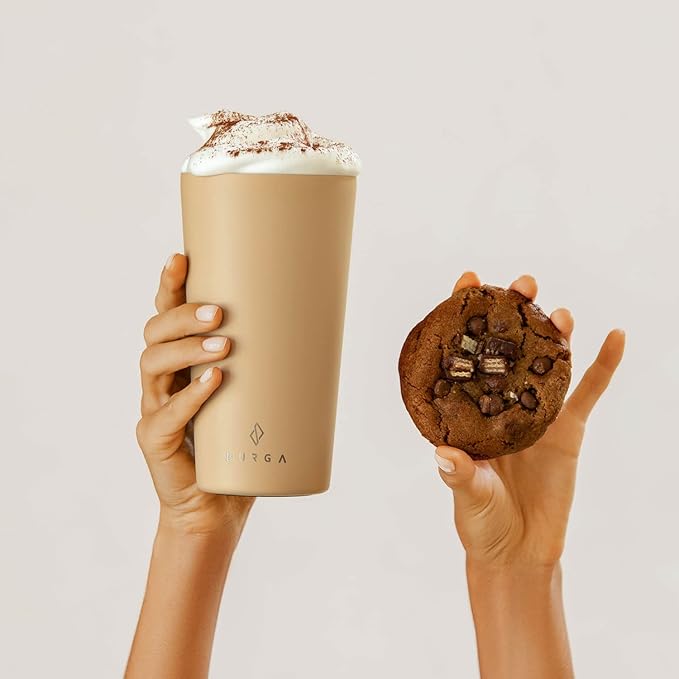 BURGA Stainless Steel Insulated DRINKING_CUP, Travel Spill-Proof With Secure-Seal, Scratch-Resistant, Stays Hot or Cold & Anti-Slip, 16 Ounces, Tan