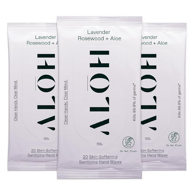 ALŌH Lavender Rosewood + Aloe Sanitizing Hand Wipes - Clean Hands, Clear Minds - On The Go Sanitizing Hand Wipes for Kids and Adults - Travel Size 3 Pack, 20ct Wipes (60 wipes)