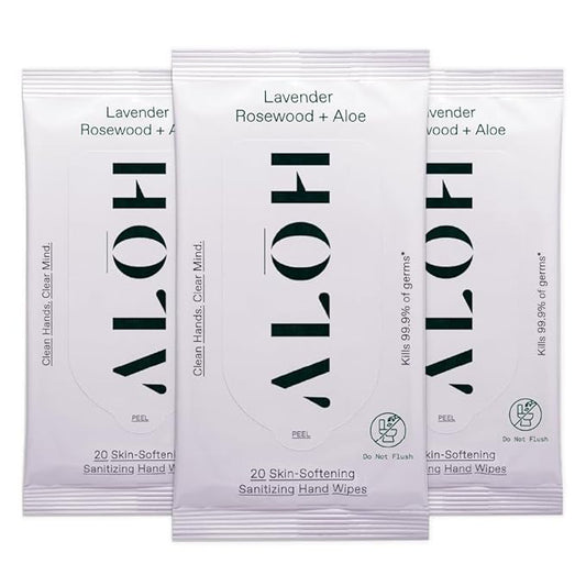 ALŌH Lavender Rosewood + Aloe Sanitizing Hand Wipes - Clean Hands, Clear Minds - On The Go Sanitizing Hand Wipes for Kids and Adults - Travel Size 3 Pack, 20ct Wipes (60 wipes)