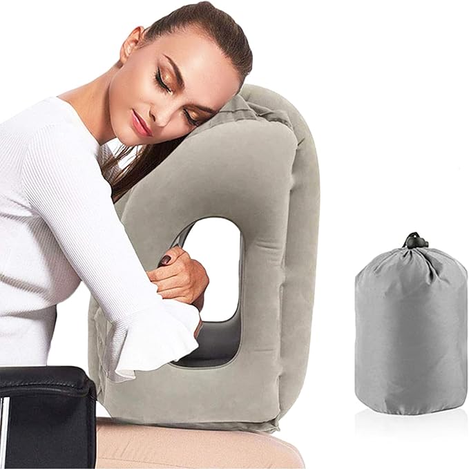 Inflatable Travel Pillow, Airplane Neck Pillow for Sleeping, Supports Head and Chin for Airplanes,Trains,Cars and Office Napping with 3D Eye Mask and Earplugs and Portable Drawstring Bag