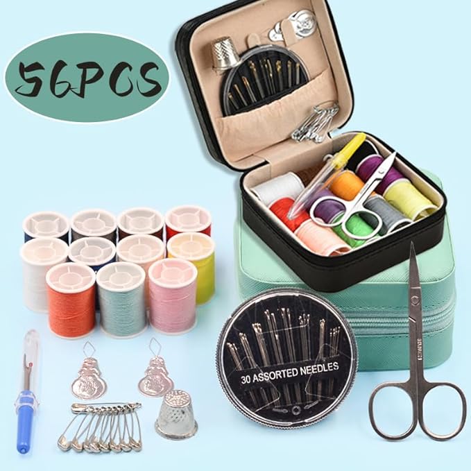 56-Piece Portable Travel Sewing Kit - Compact Emergency Sewing Kit Box with Zipper Fix Tools - Small Sewing Supplies and Accessories for Home Use & Quick Stitch Solutions