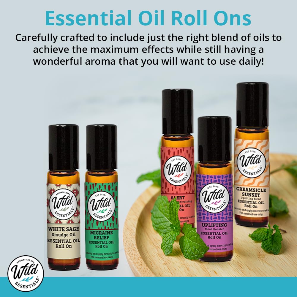Wild Essentials Motion Ease Essential Oil Roll On, 10ml Motion Sickness, Nausea, Upset Stomach, Vertigo, Dizzy, Seasick, Carsick, Made with Organic Jojoba Oil, Ready to Use, Moisturizer, All Natural