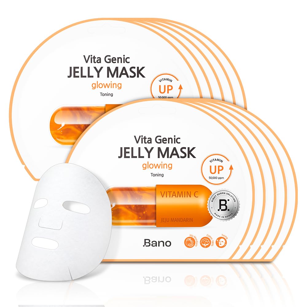 Bano Vita Genic Jelly Face Glowing Mask 10EA – Hydrating Sheet Mask for Sensitive Skin, Korean Glass Skin Care with Vitamin C, Biotin & Niacinamide, Fragrance-Free