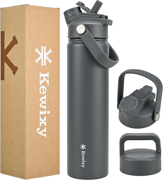 24 oz Insulated Water Bottle, 2-in-1 Lid, Straw & Spout with Protected, Leak Proof, Keep Cold, Stainless Steel, Metal, Reusable, Handle, for Travel, Gym and School, 2 Lids, Char Gray