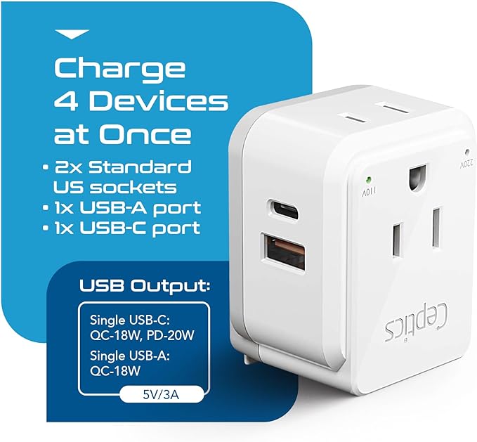 Ceptics India, Maldives Power Plug Adapter Travel Set, 20W PD & QC, Safe Dual USB & USB-C 3.1A - 2 USA Outlet - Compact - Use In Pakistan, Nepal, Bangladesh Includes Type D, Type C SWadAPt Attachments