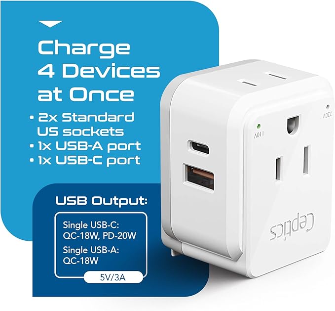 Ceptics Brazil Power Plug Adapter Travel Set, 20W PD & QC, Safe Dual USB & USB-C 3.1A - 2 USA Socket - Compact & Powerful - Also Use in Peru, Chile - Includes Type C, Type N Swadapt Attachments
