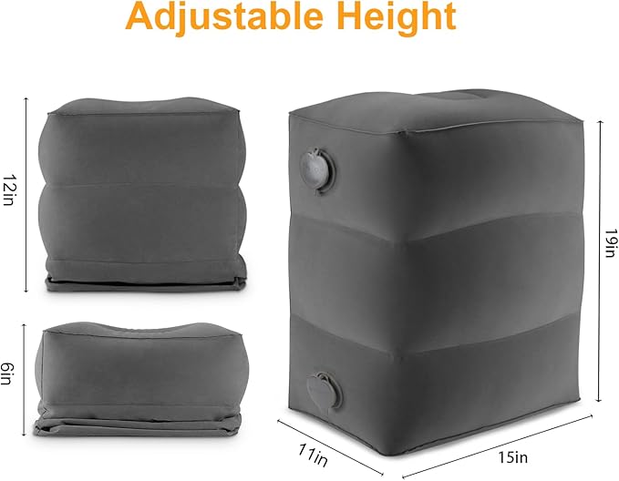 Maliton Inflatable Travel Foot Rest Pillow, Airplane Bed for Kids, Car Foot Leg Rest Pillow, Adjustable Height for Airplane, Car, Train, Home, Office(Dark Grey, 1 Pack)