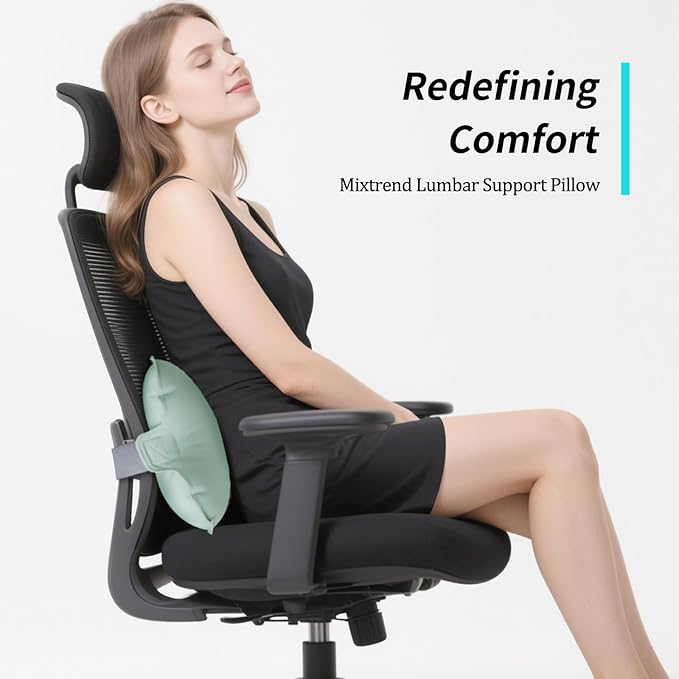 Mixtrend Travel Lumbar Pillow – Inflatable Memory Foam Back Support Cushion for Airplane, Car, Office Chair, Long Flight – Ergonomic Pain Relief for Women, Men & Kids (Matcha Green)