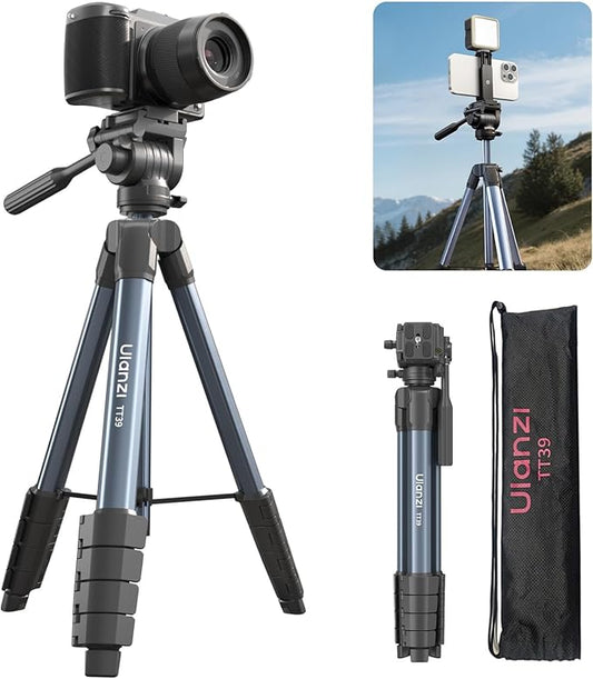 ULANZI TT39 Travel Tripod with Fluid Head, Lightweight Camera Stand for DSLR and Phone, Compact 61'' Tripod Mount with Phone Clip for Outdoor Vlogging and On-The-Go Shooting