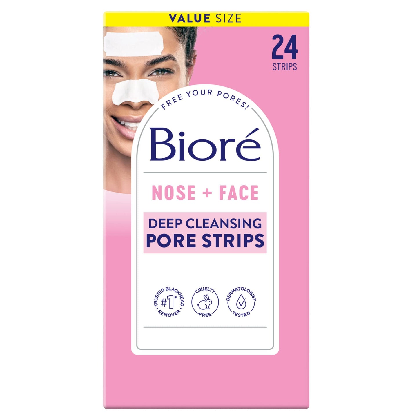 Bioré Nose+Face Blackhead Remover Strips, Deep Cleansing Strips for Nose, Chin, or Forehead, Instant Blackhead Removal and Pore Unclogging, Oil-free, Non-Comedogenic Use, Value Size 24 Count